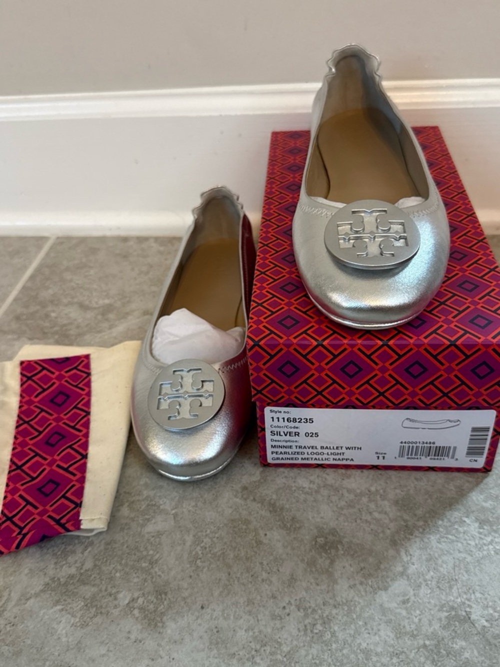 Tory Burch Metallic Silver Minnie Travel Ballet Flats